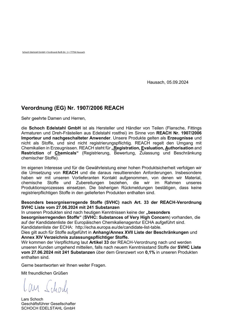 REACH-Erklärung Schoch Edelstahl
