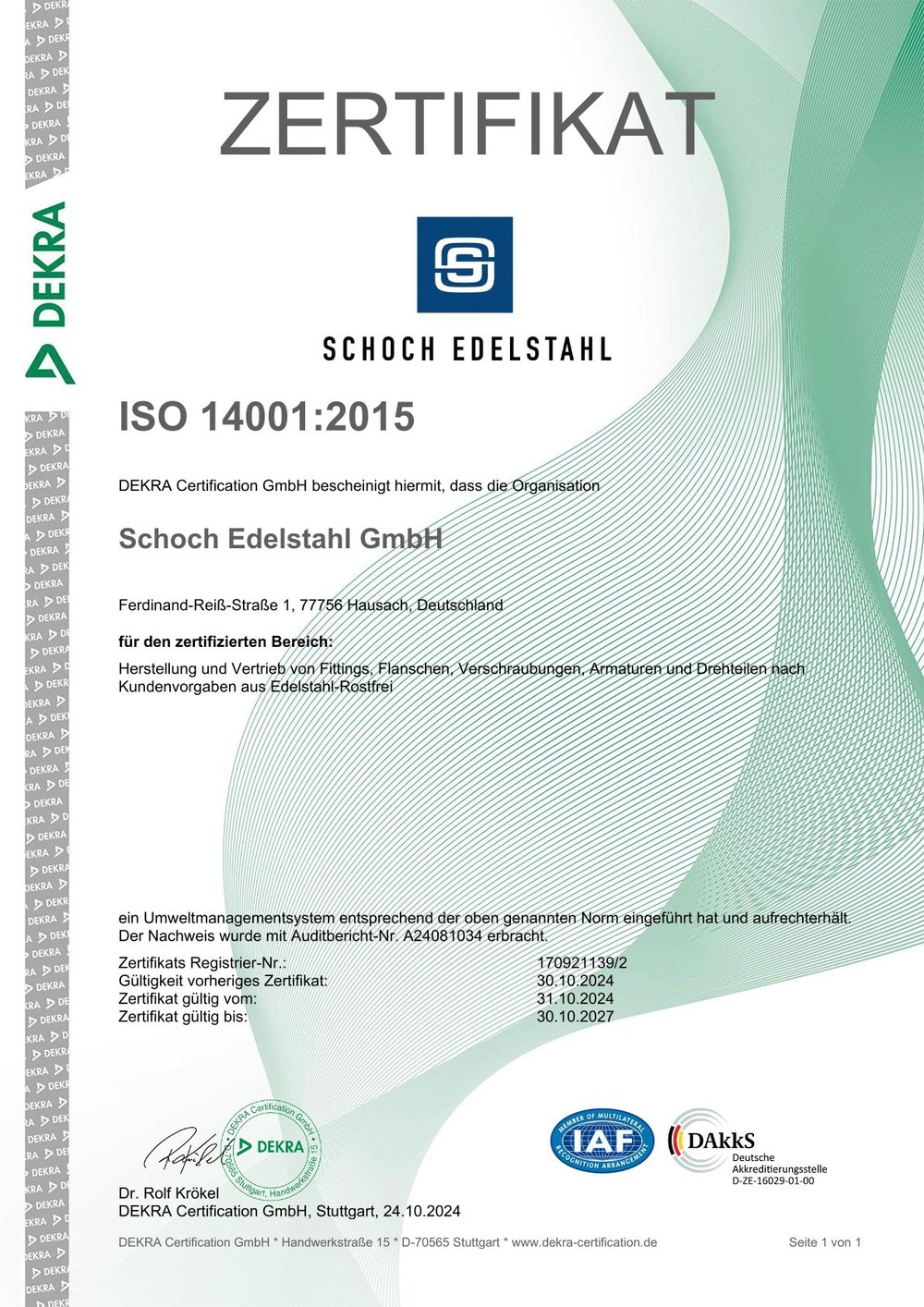ISO 14001:2015 Zertifikat Schoch Edelstahl